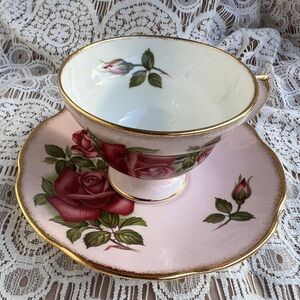 Vintage Royal Dover Bone China Elegant Pink Rose Teacup and Saucer Set